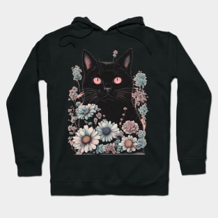 gothic Aesthetic Black Cat with flowers Hoodie
